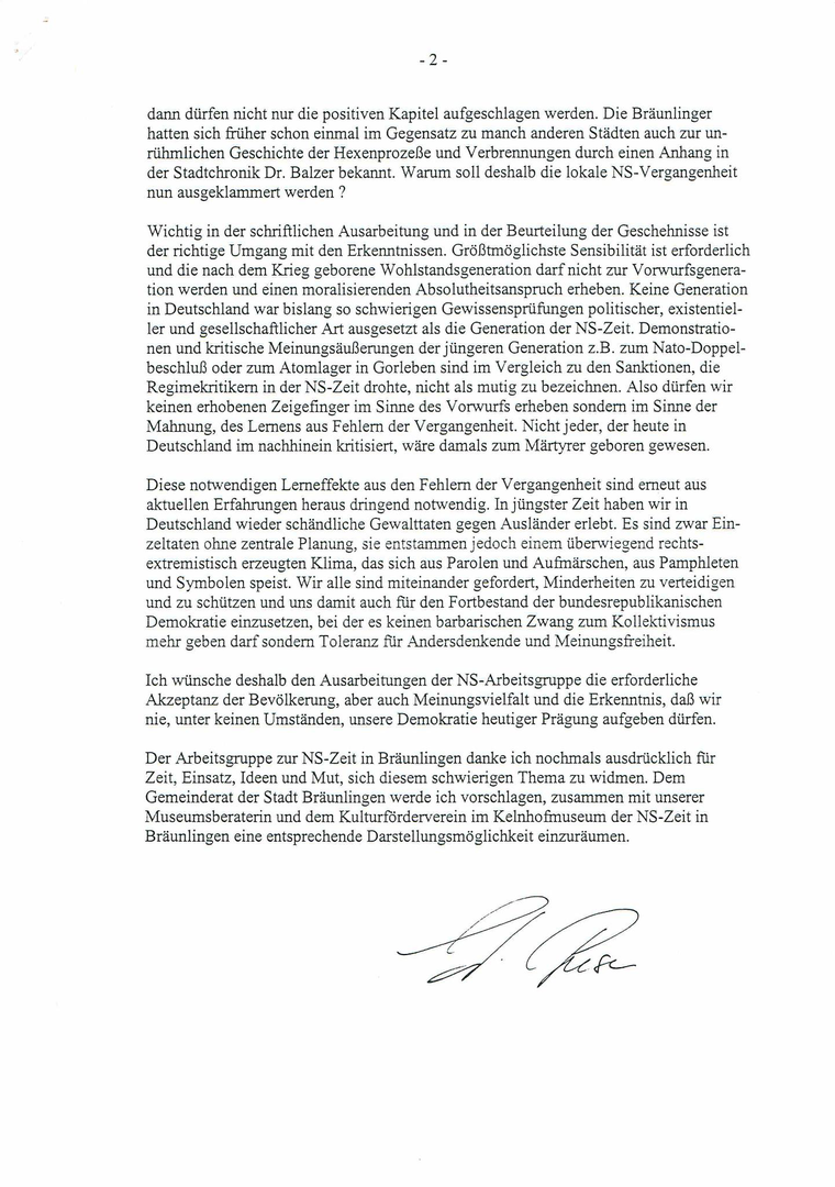 Schreiben vom Bürgermeister J. Guse - Stadt Bräunlingen - 1996 (Seite 2) 