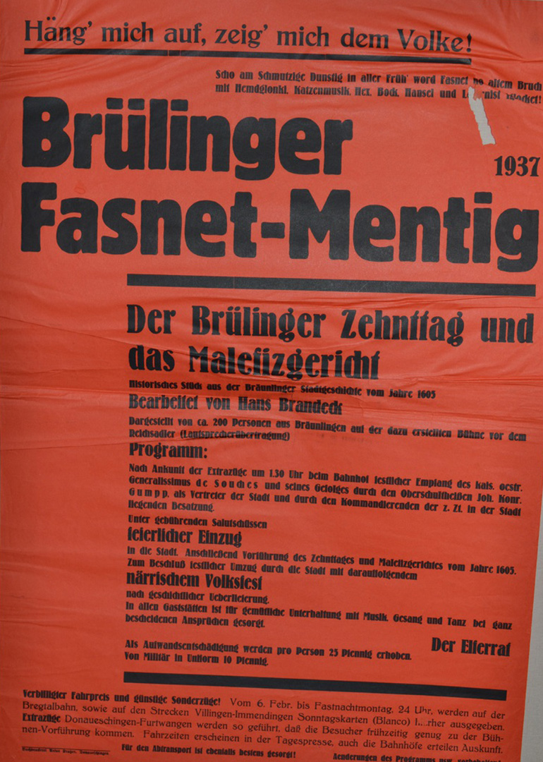 Fasnetplakat 1937 mit der subtil antisemitischen Kopfzeile  "Häng' mich auf, zeig' mich dem Volke!"