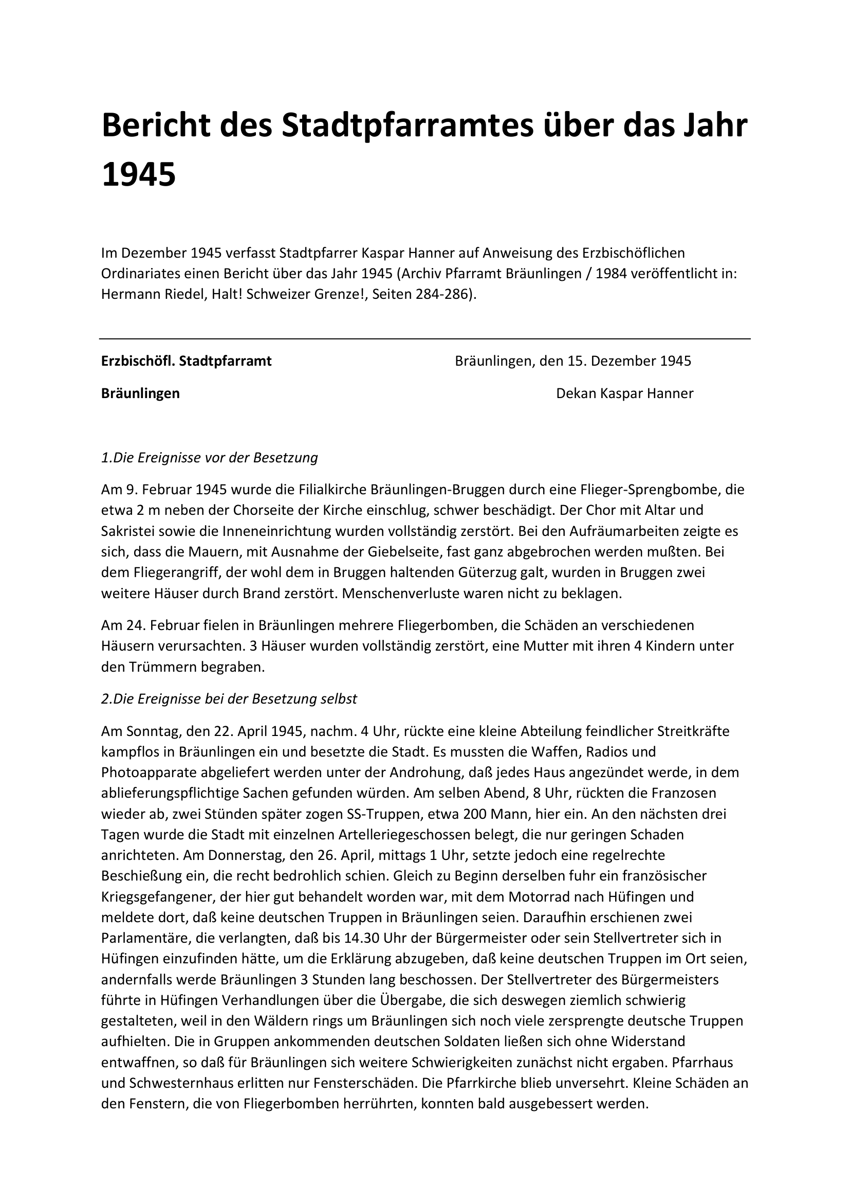 Bericht des Stadtpfarramtes über das Jahr 1945 - Dekan Kaspar Hanner (Seite 1)
