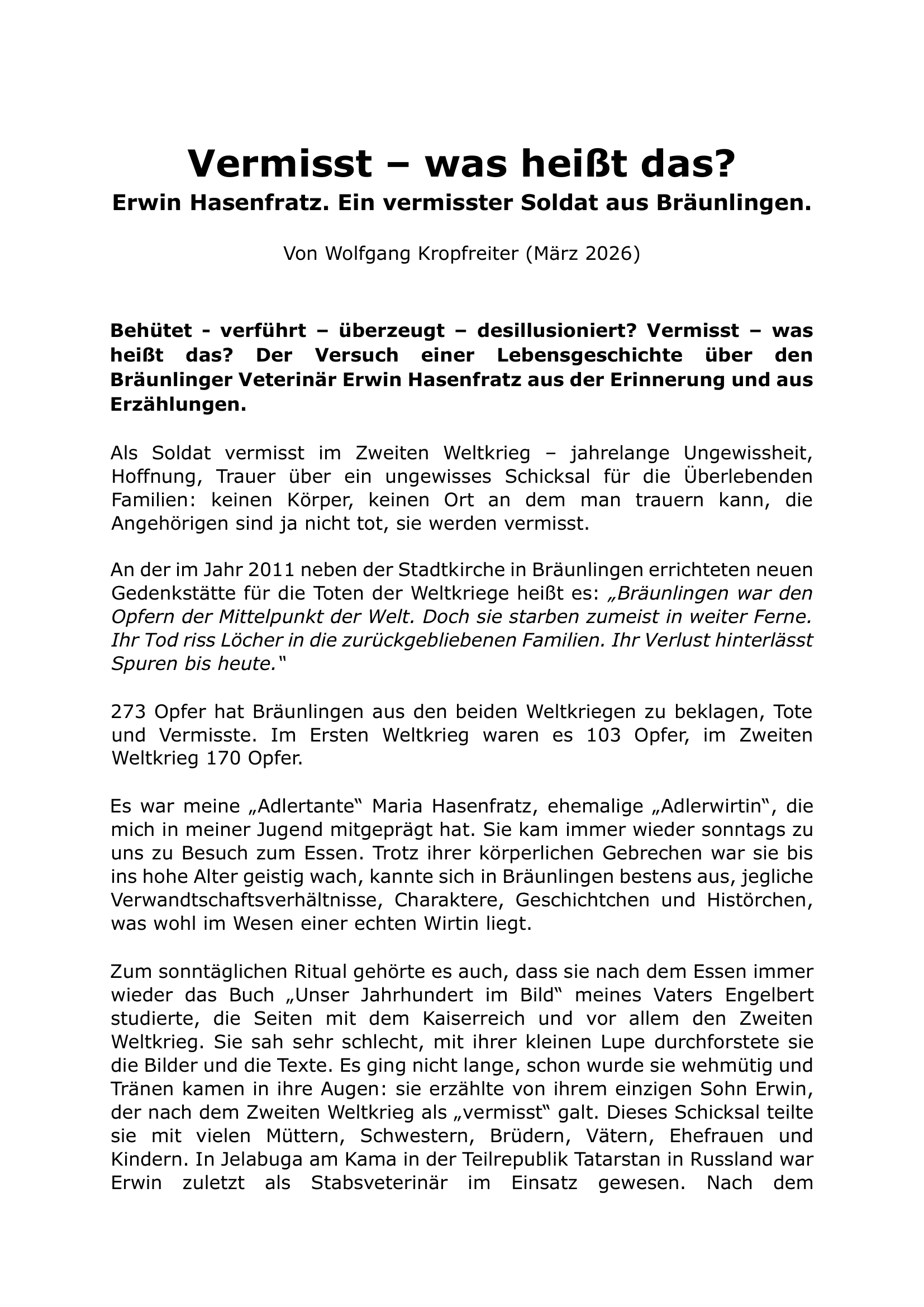 Vermisst – was heißt das? Erwin Hasenfratz. Ein vermisster Soldat aus Bräunlingen.  - Von Wolfgang Kropfreiter (März 2026) - (Seite 1)