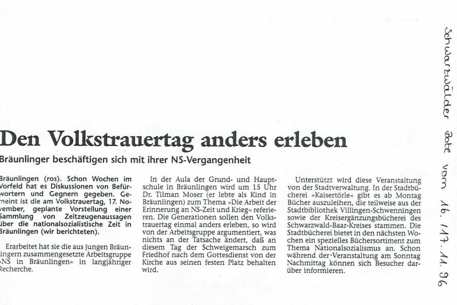 Den Volkstrauertag anders erleben - Schwarzwälder Bote vom 16. und 17.11.1996 