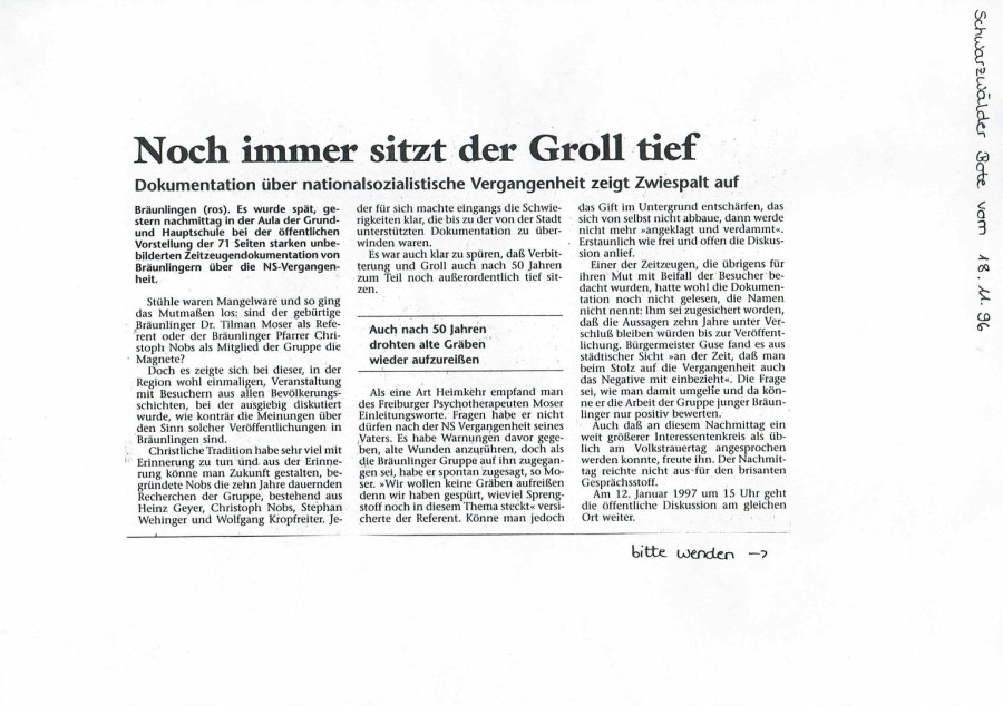 Noch immer sitzt der Groll tief - Dokumentation über die nationalsozialistische Vergangenheit - Schwarzwälder Bote 18.11.1996