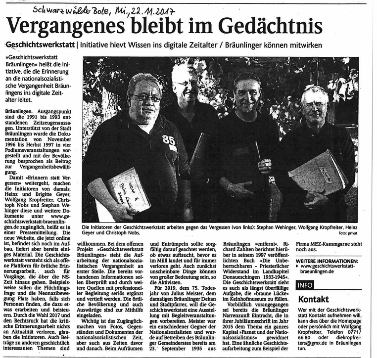 Vergangenes bleibt im Gedächtnis - Schwarzwälder Bote 22.11.2017 